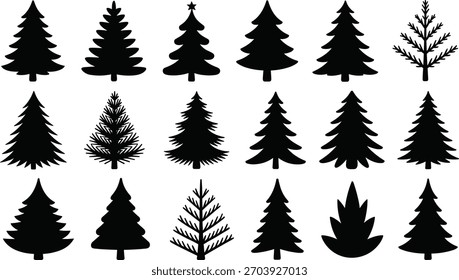 Stylized evergreen tree silhouettes, pine shapes, nature icons, forest graphic set, holiday decoration, winter theme, abstract foliage illustration