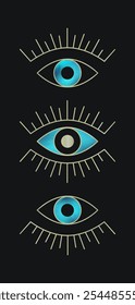 Stylized evil eye golden symbols, hand drawn in vector illustration or banner, arranged in a minimalistic symmetrical pattern against a dark background.