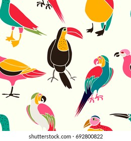 Stylized exotic birds seamless pattern. Vector illustration in bright colors..