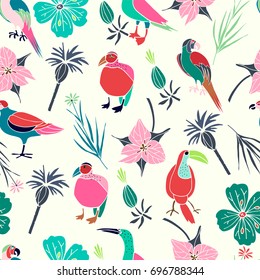 Stylized exotic birds seamless pattern. Vector illustration in bright colors..