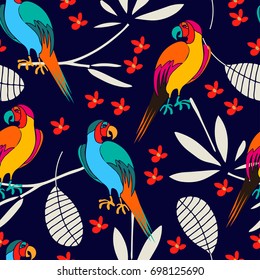 Stylized exotic birds seamless pattern. Vector illustration in bright colors.