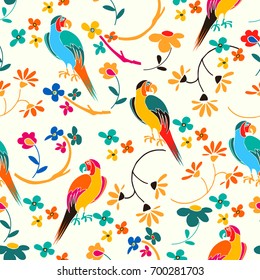 Stylized exotic birds seamless pattern. Vector illustration in bright colors.