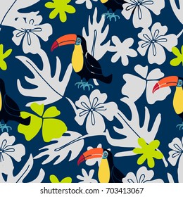 Stylized exotic birds seamless pattern. Vector illustration in bright colors.