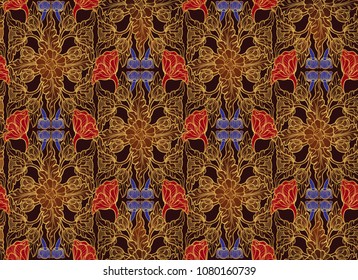 Stylized exotic flowers. Traditionaln South Eastern Asia ornament. Popular in Buddha temples decoration. Vertical rhythm with stripes. Golden linear drawing on brown with blue and red flowers. EPS10