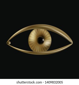 Stylized eye in the abstract design of gold, mother of pearl elements. Logo for companies. Black background. Vector illustration.