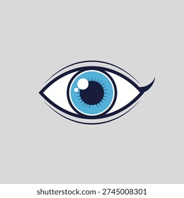 A stylized eye graphic, featuring a blue iris, white highlights, and a grey background
