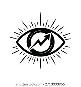 Stylized eye with growth arrow and lightning bolt, symbolizing vision, insight, and progress, isolated on white