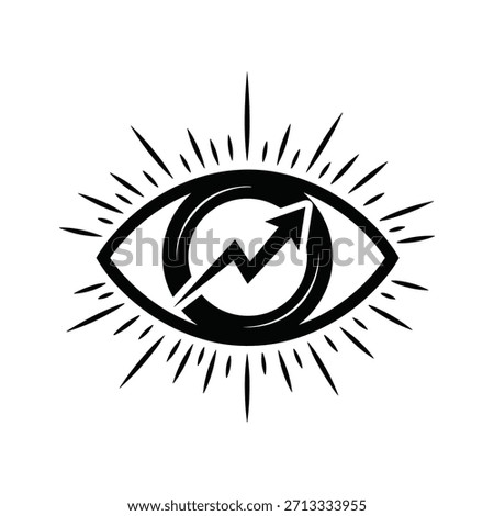 Stylized eye with growth arrow and lightning bolt, symbolizing vision, insight, and progress, isolated on white