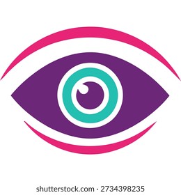 Icono de ojo estilizado con iris púrpura y pupila verde azulado, rodeado de acentos rosados y blancos sobre un fondo blanco.