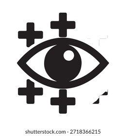 Stilisiertes Augensymbol mit umgebenden Plus-Symbolen und geometrischen Elementen