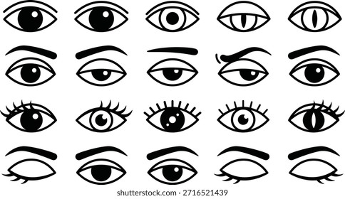 Ilustraciones estilizadas del ojo, diseño expresivo del carácter, estilos únicos de la pupila, variaciones de la ceja, estudio de la emoción, colección del Arte vectorial, ideal para los artistas