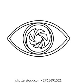 Stylized eye with an internal camera-aperture motif forming a circular iris.