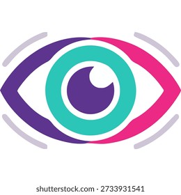 Olho estilizado com gradiente roxo e rosa, íris marrom e pupila roxa, rodeado por linhas cinzentas no fundo branco.