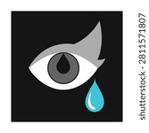 Stylized eye with a single blue teardrop falling down on a solid black square background, for concepts