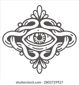 Stylized eye symbol enclosed in intricate ornamental decorative knotwork frame with knotwork