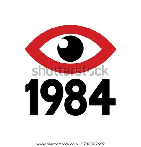 A stylized eye symbol with the year 1984 below it representing surveillance and control