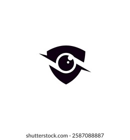 A stylized eye within a shield-like shape, bisected by a lightning bolt or sharp angle, forms a logo or icon. The eye is minimalist, composed of a circle and implied lines