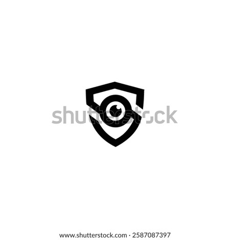 A stylized eye within a shield-like shape forms a logo or icon.The eye is composed of two curved lines and a circle, creating a minimalist yet striking design.The shield outline is thick and geometric