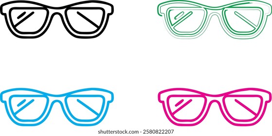 Stylized eyeglasses illustrations, minimalist line drawings, colorful frames, geometric shapes, retro-inspired eyewear designs, simple outlines, fashion accessories, pop art style, vector graphics, tr