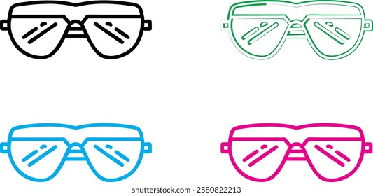 Stylized eyeglasses illustrations, minimalist line drawings, colorful frames, geometric shapes, retro-inspired eyewear designs, simple outlines, fashion accessories, pop art style, vector graphics, tr