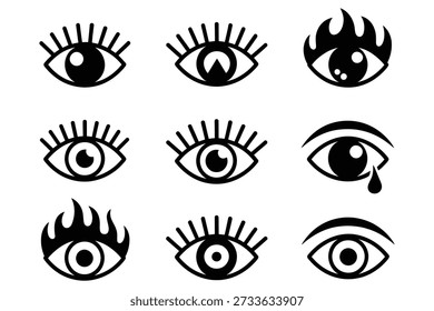 Stilisierte Augen mit Wimpern Feuer und Träne schwarz weiß