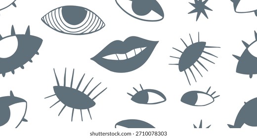Stylized eyes and lips icon set for modern graphic design. Minimal abstract facial expressions ideal for fashion, branding, and creative illustrations. Clean vector collection for posters, prints, 
