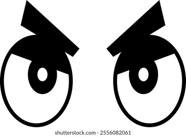 Stylized eyes with thick, black eyebrows, wide-open pupils, and downward-angled eyebrows, conveying an intense expression.