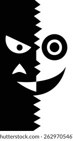 A stylized face, bisected into black and white halves, showcasing contrasting expressions. 