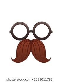 Stylized face with a brown mustache and vintage eyeglasses with thin black frame. Vector illustration isolated on white background