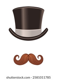 Stylized face with a brown top hat and curled mustache in deep brown tones. Vintage design. Vector illustration isolated on white background