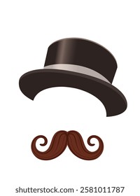 Stylized face with a brown top hat and curled mustache in deep brown tones. Vintage design. Vector illustration isolated on white background