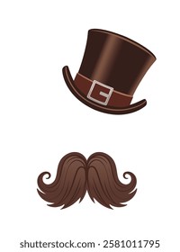 Stylized face with a brown top hat and curled mustache in deep brown tones. Vintage design. Vector illustration isolated on white background