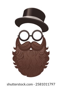 Stylized face with a brown top hat and curled mustache with beard. Face with round glasses. Vintage design. Vector illustration isolated on white background