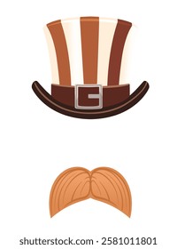 Stylized face with a brown top hat and curled mustache in deep brown tones. Vintage design. Vector illustration isolated on white background