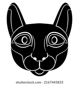 Stylized face of a cat. Ancient Egyptian sacred animal. Goddess Bastet or Bast. Black and white negative silhouette.