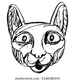 Stylized face of a cat. Ancient Egyptian sacred animal. Goddess Bastet or Bast. Hand drawn linear doodle rough sketch. Black silhouette on white background.