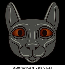 Stylized face of a cat. Feline mask. Ancient Egyptian sacred animal. Goddess Bastet or Bast. On black background.