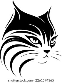 stylized face of a cat that can be used as a logo, icon or avatar. It is a simple, minimalist, and abstract design that captures the essence of a cat while also being unique and playful.
