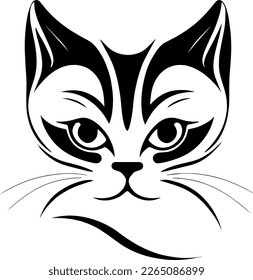 stylized face of a cat that can be used as a logo, icon or avatar. It is a simple, minimalist, and abstract design that captures the essence of a cat while also being unique and playful.
