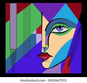 Ein stilisiertes Gesicht ist mit kräftigen Farben und geometrischen Formen dargestellt, die ein abstraktes und modernes Gefühl schaffen. Lineare Elemente und eine lebendige Palette, einschließlich Grün, Blau und Violett