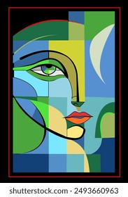  stylized face, with an emphasis on green and blue hues. Black outlines contrast with the vivid yellows, reds, and greens, creating an abstract yet recognizable visage.