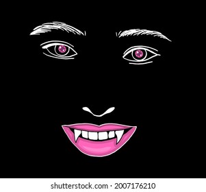 Stilvolles Gesicht mit Fangzähnen auf schwarzem Hintergrund. Vektorgrafik.