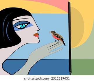 A stylized face gazes at a bird perched on an outstretched hand, set against a background of geometric shapes and soft colors. The bird features a red breast