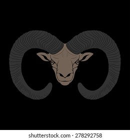 Stylized face of the mountain ram on a black backgound