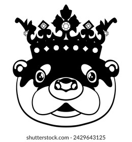 Stylized face of otter wearing royal crown. Funny animal mask. Cartoon style. Black and white silhouette.