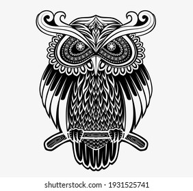 Stylized face of a owl  in the style of Zentangle.