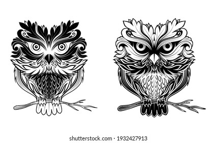 Stylized face of a owl  in the style of Zentangle.