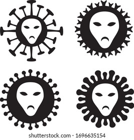 The stylized face of a person, an image of aggression and fear, against the background of a coronavirus molecule. Four options for drawing. Vector graphics.