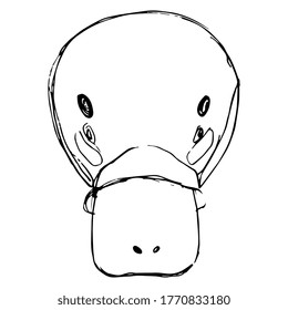 Stylized face of a Platypus. (Ornithorhynchus anatinus). Hand drawn doodle sketch. Black and white linear silhouette. Isolated vector illustration. 