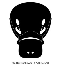 Stylized face of a Platypus. (Ornithorhynchus anatinus). Black and white silhouette. Flat cartoon logo style. Isolated vector illustration.